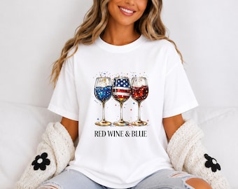 赤ワインと青のTシャツ｜愛国的なワイングラス、アメリカ国旗のデザイン