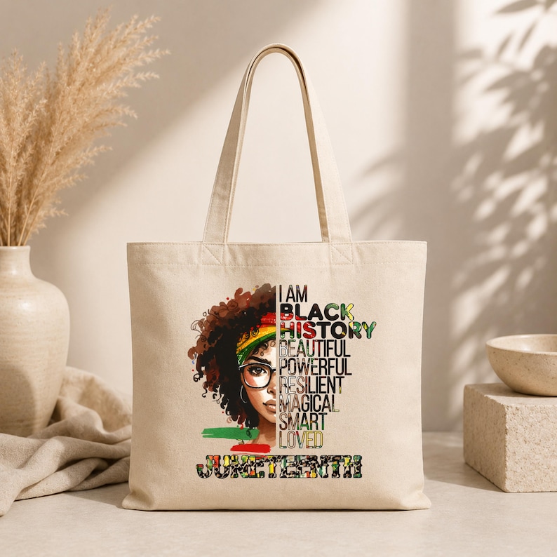 May include: A beige tote bag featuring a graphic of a Black woman with glasses and the words "I AM BLACK HISTORY." Additional text includes "Beautiful, Powerful, Resilient, Magical, Smart, Loved" and "Juneteenth."