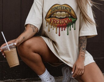 Juneteenth Dripping Lips Tee, 6-19 Freedom T-Shirt, Afrocentric Red Black Green Design