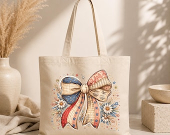 Patriotic Bow Floral Tote Bag | Americana Ribbon, Vintage Stars & Stripes