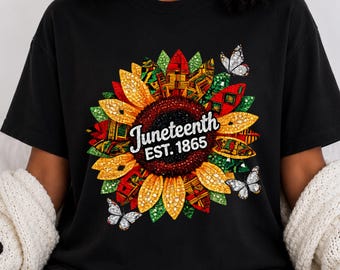 Junteenth T-Shirt, Sonnenblumen-Kranz & Schmetterling Grafik, Est. um 1865