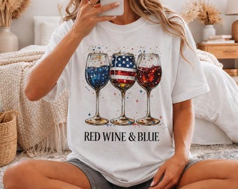 Red Wine and Blue Shirt, Patriotic Wine Lover Tee, 4th of July Shirt, USA Wine Glass Graphic Tee, Summer Party Top