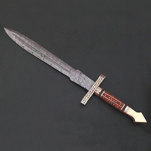 Artisan Damascus Steel Bushcraft Sword 24&quot; | Handcrafted Full-Tang Blade with Leather Sheath | Unique Fantasy Gift for Him, Dad or Collector