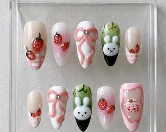 Uñas postizas de conejito de fresa / Uñas de conejito kawaii / Uñas de fresa rosa / Uñas postizas lindas hechas a mano