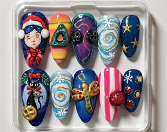 Coraline Inspired Christmas Press On Nails | Button Eyes, Black Cat, Gold Dragonfly, Handmade Fantasy Nail Art, Gift for Her