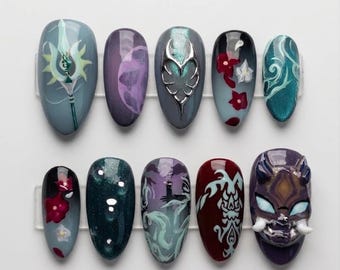 Xiao Genshin Inspired 3D Press-On Nails – Adeptus Style Nail Set, Dark Teal Fantasy Sculpted Nails, Cosplay Nails