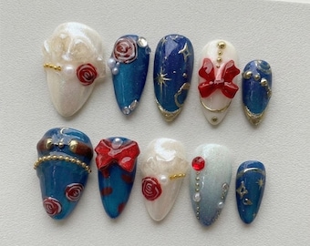 Ritsu Sakuma Inspired Press-On Nails – Elegant Blue Gold Nail Set | Rose, Bow & Pearl 3D Fantasy Design