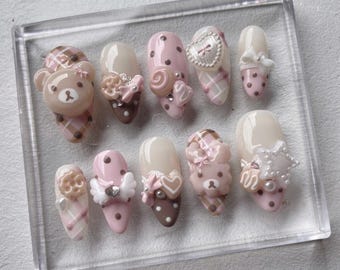 Pink Teddy Bear Press On Nails | Coquette Kawaii Nails | 3D Bear & Bow Nail Art | Handmade Cute Press Ons