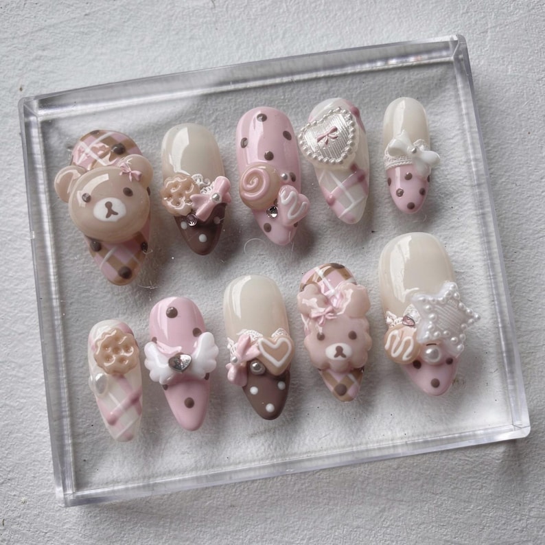 Rosa nallebjörnspressonnaglar | Coquette Kawaii-naglar | 3D-björn och rosettnagelkonst | Handgjorda söta pressonnaglar bild 1