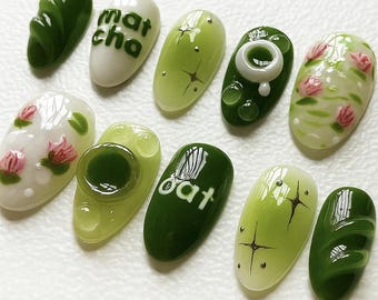 Handmade Matcha Press On Nails: 3D Kawaii Green Tea Nail Art