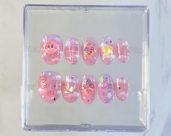 カービーピンクのプレスオンネイル：かわいい3Dスター＆チェリーネイルアート