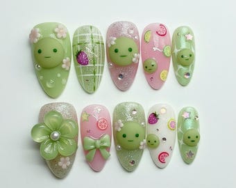 Smiski Nail Art – Handmade 3D Kawaii Press On Nails, Pastel Green Pink Flower and Fruit Nail Set, Cute Japanese Style Character Nails