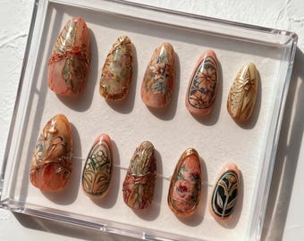 Vintage Floral Press On Nails – Handmade Art Nouveau Nail Design, Elegant Autumn Nail Set, Hand Painted Neutral Nails, Custom Reusable Nail