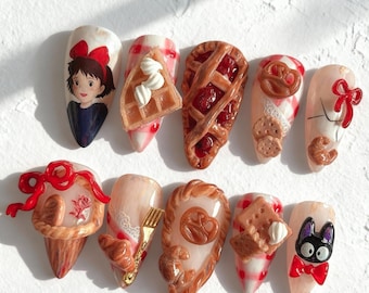 Kiki’s Delivery Service Nails | Handgjorda 3D Bakery Jiji Press On Nails | Ghibli-inspirerad söt rödrutig dessert nagelkonst present till henne