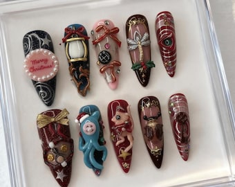 Coraline Inspired Christmas Press On Nails | Creepy Cute 3D Nails, Beldam Button Eye, Doll, Lantern, Handmade Nail Art, Gift for Her