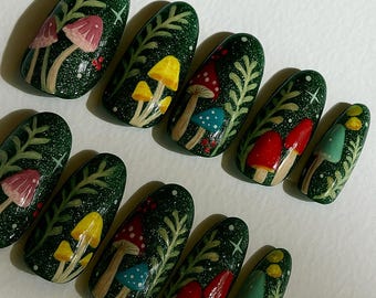 Fairycore Mushroom Press On Nails | Cottagecore Forest Nails | Handmade Colorful Toadstool Nail Art Set