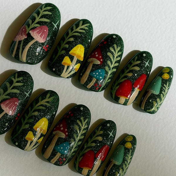 Fairycore Mushroom Press On Nails | Cottagecore Forest Nails | Handmade Colorful Toadstool Nail Art Set