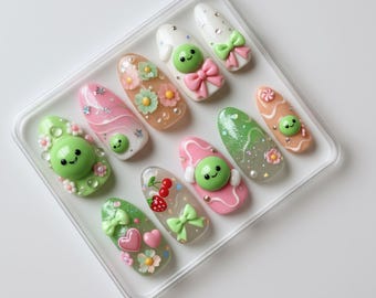 Smiski Nail Art – Handmade 3D Kawaii Press On Nails, Cute Glow Character Nail Set, Green Pink Pastel Design, Custom Japanese Inspired Nails