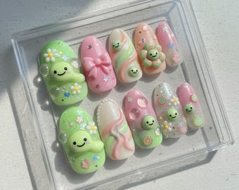 Smiski Nail Art – Handmade 3D Kawaii Press On Nails, Cute Pastel Green Pink Nail Set, Happy Character Nails, Custom Japanese Style Nail Tips