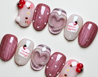 Uñas postizas de gatito kawaii: diseño de corazón 3D, pastel y fresa