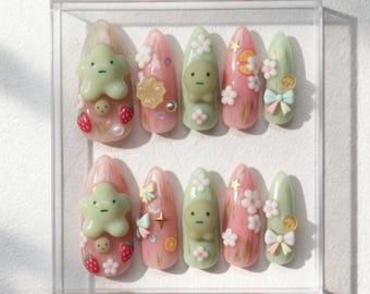 Smiski Nail Art – Handmade 3D Kawaii Press On Nails, Pastel Strawberry and Flower Nail Set, Cute Character Nails, Custom Japanese Style Tips