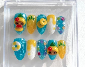 Pineapple Kitty Nails – Handmade 3D Tropical Press On Nails with Cute Summer Beach Design