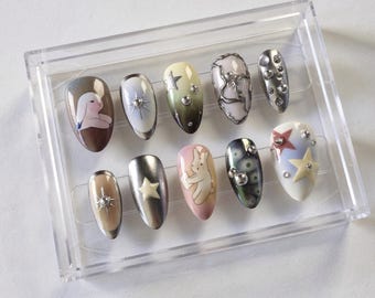 Bunny Star Drücken Sie auf die Nägel | Verträumte Himmlische Nagel Kunst | Chrom Sterne Nägel | Niedliche Kaninchen Nägel | Handgemachte Pastel Fantasy Nagel Set