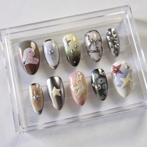Bunny Star Press On Nails | Dreamy Celestial Nail Art | Chrome Star Nails | Cute Rabbit Nails | Handmade Pastel Fantasy Nail Set