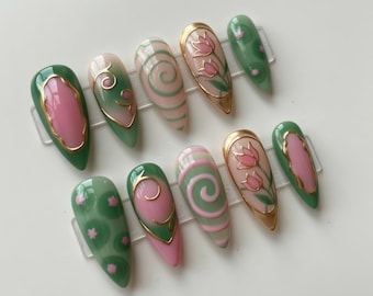Green Pink Floral Press On Nails | Stained Glass Swirl Nails | Tulip Flower Nails | Pastel Garden Nails | Handmade Cute Nails
