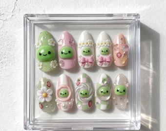 Smiski Nail Art – Handmade Kawaii 3D Press On Nails, Cute Pastel Green Pink Nail Set, Character Inspired Nails, Custom Japanese Nail Design