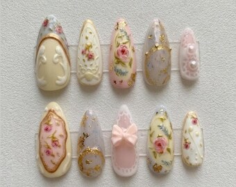 Vintage Floral 3D Nails, Pink Cream Coquette Handmade Nails, Gold Foil Rose Embossed Nail Art, Wedding Date Party Nails