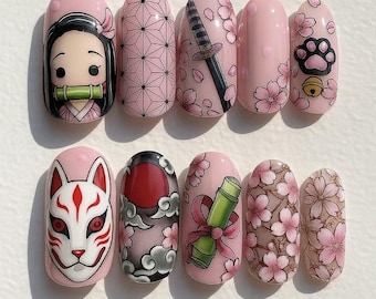 Nezuko pressnaglar | Demon Slayer pressnaglar | Nezuko Demon Slayer-inspirerad Sakura Kitsune japansk nagelkonst | Handgjorda lösnaglar