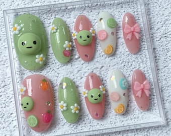 Smiski Nail Art – Handmade 3D Kawaii Press On Nails, Cute Pastel Fruit and Flower Nail Set, Green Pink Custom Character Nails