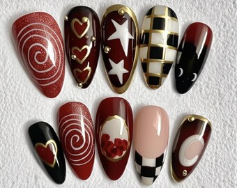 Glam Gothic Press On Nails: Red Black Gold Nail Art