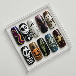 Halloween Press On Nails | Jack Skellington Pumpkin Ghost Cat Nail Art | Spooky Handmade False Nails