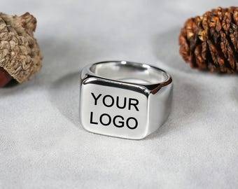 Anillo con logotipo personalizado para hombre, anillo con sello personalizado, anillo cuadrado grabado, regalo de cumpleaños y aniversario.