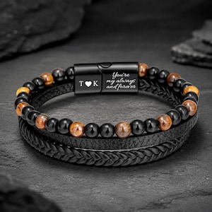 Men's Braided Leather Beaded Bracelet, Tiger Eye Stone, Multi-Layer Knitted Wristband with Magnetic Clasp, Anniversary Gift for Husband