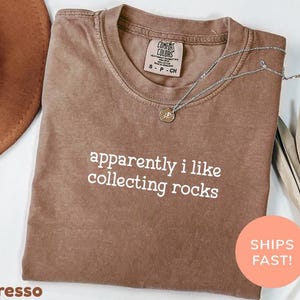 以下が含まれることがあります： 胸元に白い文字で「apparently i like collecting rocks」とプリントされた、茶色の半袖クルーネックTシャツ。襟の内側にはComfort Colorsのブランドラベルがあり、サイズSであることが示されています。