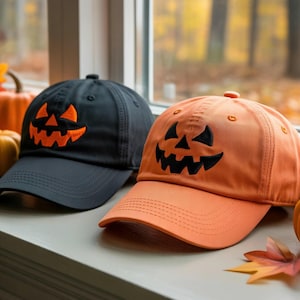 Jack-o-lantern Pumpkin Embroidered Cap, Spooky Season Embroidery Washed Hat, Halloween Pumpkin Dad Cap, Halloween Gift, Vintage Hat