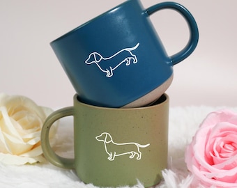 Dachshund Tea Mug with Speckled Glaze, Pottery Coffee Mug,Engraved Ceramic Mug , Dachshund Memorial ,gift idea dog lover