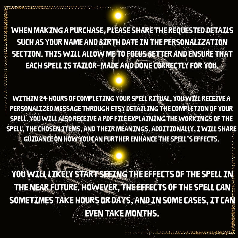 text that provides detailed instructions for making a purchase, including the requested details to be shared in the personalization section of the spell ritual.