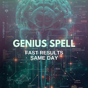 Puede incluir: Ilustración digital que presenta un cerebro brillante con las palabras "GENIUS SPELL" y "FAST RESULTS SAME DAY" en blanco. El fondo es una red de líneas y nodos interconectados, con una paleta de colores verde, morado y turquesa.