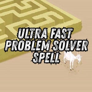 Peut inclure: Illustration avec un labyrinthe et le texte "ULTRA FAST PROBLEM SOLVER SPELL". Une chèvre blanche mange de l'herbe au premier plan. Style de dessin animé.
