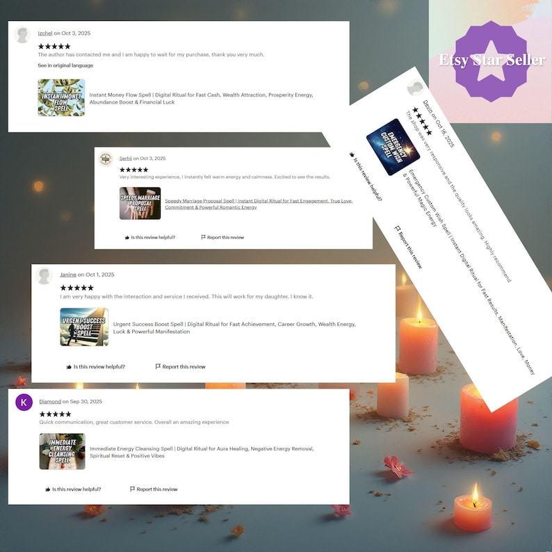 a collage of four different images, each with a rating and comment, along with a purple logo and a white background.