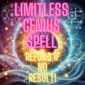 Può includere: Opera d'arte digitale con le parole "LIMITLESS GENIUS SPELL" in rosa, una grafica del cervello e il testo "REFUND IF NO RESULT!" su uno sfondo cosmico con luci vorticose ed elementi celesti.