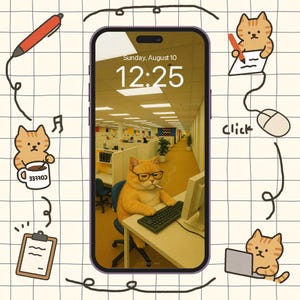 Happy working cat phone wallpaper pack, wallpaper iphone, Cute Background, wallpaper Galaxy, Digital Art for Lock screen, Instant Download