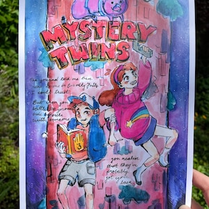 May include: Watercolor illustration of the Gravity Falls characters, Dipper and Mabel, with the title "Mystery Twins." Dipper reads a book, while Mabel holds a grappling hook. A pig floats above them. The background is a textured wall with text.