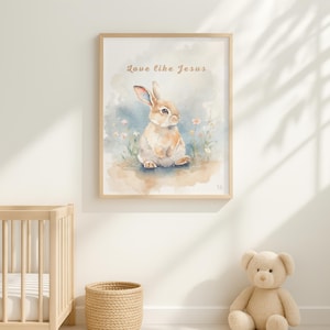 Digital wall poster with Bible verse in French. Poster for baby's room in English; Christian quote "Love like Jesus".