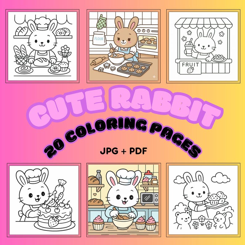 Kawaii Rabbit Coloring Pages | 20 Printable Bunny Sheets (JPG + PDF) - Etsy