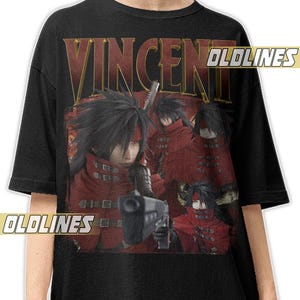 May include: Black t-shirt featuring a graphic of a character in a red outfit with a gun, and the name "VINCENT" in gold lettering. The shirt has the text "OLDLINES" in a white font.